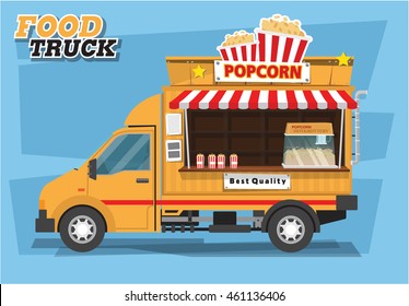 Flat style vector illustration. Delivery popcorn truck