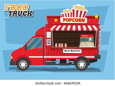 Flat style vector illustration. Delivery popcorn truck