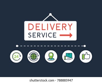 Flat style vector illustration delivery service concept. Delivery text sign with flat line icons. Fast shipping vector illustration. Fast delivery concept