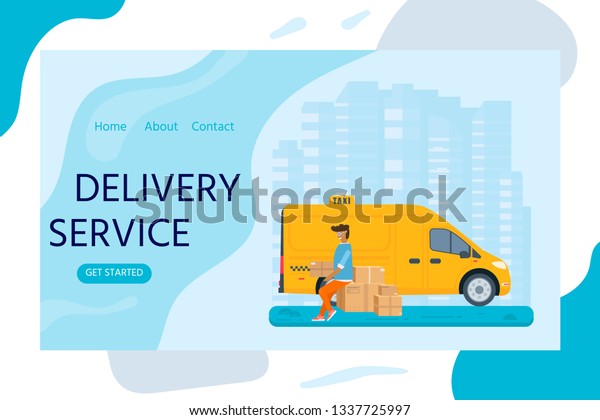 Flat style vector illustration delivery service\
concept. Taxi truck with young man holding box package, store, \
shop shipping with sity background. Vector flat conceptua design\
for web banner, site