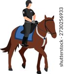 A flat style vector illustration depicting a mounted police or security officer riding a brown horse, designed with clean lines and balanced proportions for modern visual use. The rider is shown wearing a dark uniform and protective helmet, presenting a professional and authoritative appearance. The horse is detailed with a blue saddle pad and a white chest strap, adding contrast and visual clarity while maintaining a simple, streamlined aesthetic suitable for various design applications.

This illustration effectively represents themes of law enforcement, public safety, patrol duty, and crowd management. Mounted officers are commonly associated with community presence, ceremonial events, urban patrols, and large public gatherings where visibility and mobility are essential. The elevated riding position symbolizes oversight, vigilance, and order, making the artwork particularly appropriate for educational materials, informational graphics, and official communications.

The flat vector style ensures scalability without loss of quality, allowing designers to use the image across websites, brochures, presentations, posters, social media content, and print publications. Its minimal shading and solid color blocks provide a contemporary look that integrates easily into branding systems, infographics, and awareness campaigns. The clear uniform details and distinct horse accessories help convey authenticity while maintaining a friendly and accessible visual tone.

Ideal for security service promotions, training manuals, civic awareness projects, and public service announcements, this graphic communicates structure and responsibility without appearing overly complex. The simplified composition allows for easy customization, including color adjustments or background additions, ensuring flexibility for different creative contexts.

Whether featured in digital platforms or printed materials, this mounted officer illustration delivers a clear representation of patrol presence and organized supervision.