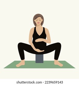Ilustración vectorial de estilo plano que representa a una mujer embarazada haciendo yoga