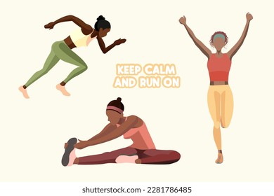 Flat style vector illustration depicting three beautiful African American girls who are engaged in jogging, including a warm-up. World running Day 3 June.