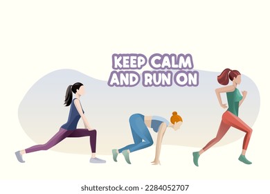 Flat style vector illustration depicting three beautiful  girls who are engaged in jogging, including a warm-up. World 
running Day 3 June.