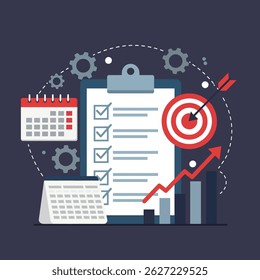 Flat style vector illustration depicting business planning, goals, checklist, and progress with charts, target, calendar, and gears. Project management icon