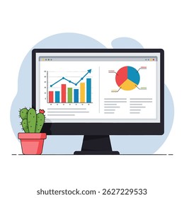 Ilustração de vetor em estilo plano que descreve o planejamento de negócios, as metas, a lista de verificação e o progresso com gráficos, o destino, o calendário e as engrenagens. Ícone de gerenciamento de projetos