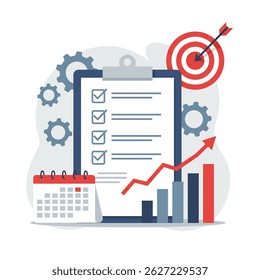 Flat style vector illustration depicting business planning, goals, checklist, and progress with charts, target, calendar, and gears. Project management icon