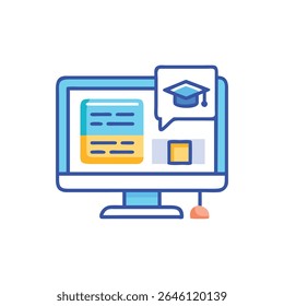Uma ilustração vetorial em estilo plano que representa a formatura de educação on-line em uma tela de computador. Contornos em negrito e formas simples usadas.