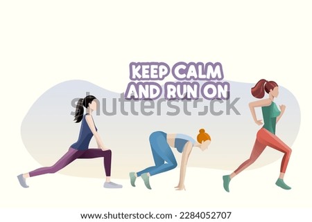 Flat style vector illustration depicting three beautiful  girls who are engaged in jogging, including a warm-up. World 
running Day 3 June.