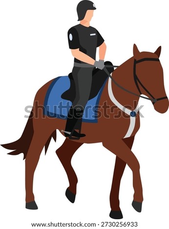 A flat style vector illustration depicting a mounted police or security officer riding a brown horse, designed with clean lines and balanced proportions for modern visual use. The rider is shown wearing a dark uniform and protective helmet, presenting a professional and authoritative appearance. The horse is detailed with a blue saddle pad and a white chest strap, adding contrast and visual clarity while maintaining a simple, streamlined aesthetic suitable for various design applications.

This illustration effectively represents themes of law enforcement, public safety, patrol duty, and crowd management. Mounted officers are commonly associated with community presence, ceremonial events, urban patrols, and large public gatherings where visibility and mobility are essential. The elevated riding position symbolizes oversight, vigilance, and order, making the artwork particularly appropriate for educational materials, informational graphics, and official communications.

The flat vector style ensures scalability without loss of quality, allowing designers to use the image across websites, brochures, presentations, posters, social media content, and print publications. Its minimal shading and solid color blocks provide a contemporary look that integrates easily into branding systems, infographics, and awareness campaigns. The clear uniform details and distinct horse accessories help convey authenticity while maintaining a friendly and accessible visual tone.

Ideal for security service promotions, training manuals, civic awareness projects, and public service announcements, this graphic communicates structure and responsibility without appearing overly complex. The simplified composition allows for easy customization, including color adjustments or background additions, ensuring flexibility for different creative contexts.

Whether featured in digital platforms or printed materials, this mounted officer illustration delivers a clear representation of patrol presence and organized supervision.