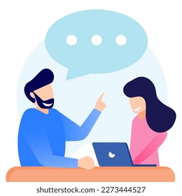Flat style vector illustration, discuss with colleagues, exchange thoughts and opinions, solve problems and seek solutions.