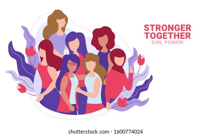 Flat Style Vector Illustration Of Diverse International And Interracial Group Of Women. Girls Power Concept, Feminine And Feminism Ideas, Woman Empowerment, Stronger Together And Women Power.