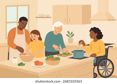 Ilustração de vetor de estilo plano de uma família diversa cozinhando juntos em uma cozinha moderna. Idoso, criança, homem e mulher em cadeira de rodas preparando alimentos, inclusão, diversidade, momentos da vida cotidiana