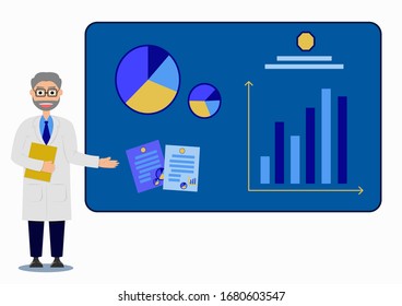 
Flat style vector illustration of the doctor is reporting an increase in the number of patients. Medical research, medical development, modern clinic. Healthcare concept. 
