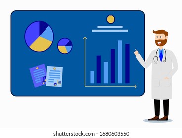 
Flat style vector illustration of the doctor is reporting an increase in the number of patients. Medical research, medical development, modern clinic. Healthcare concept. 