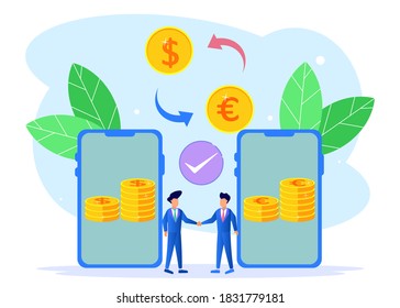 Flat style vector illustration. Dollar to euro currency exchange, online money transactions, stock trading icon set. Open banking platform, stock market.
