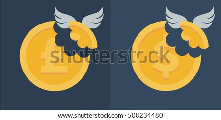 Flat style vector illustration of dollar and pound sterling coins with a section being carried off by wings representing tax or fees