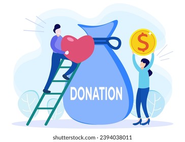 Ilustración vectorial plana de apoyo a donaciones para compartir el concepto de humanidad. Love heart como símbolo de ayuda y asistencia a organizaciones humanitarias o proyectos de financiación social.