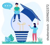 Flat style vector illustration of Education or personal skills and intelligence enhancement. Knowledge growth by reading books. Learn online.