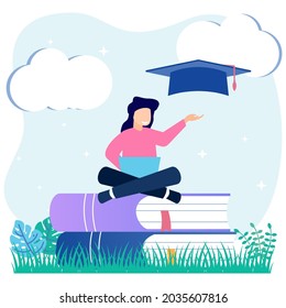 Flat style vector illustration Education or personal skills and intelligence enhancement. Knowledge growth by reading books. Smart young man.