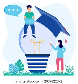 Flat style vector illustration of Education or personal skills and intelligence enhancement. Knowledge growth by reading books. Learn online.
