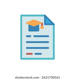 Flat style vector illustration of an education certificate with a graduation cap representing academic success and achievement in studies