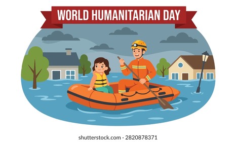 Flat style vector illustration of emergency rescue team evacuating child during flood disaster. Perfect for World Humanitarian Day, disaster response and humanitarian relief campaigns