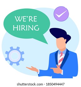 Flat style vector illustration. Employer recruitment by employers, employers, companies opening vacancies and creating advertisements. Can be used for web banners, infographics, hero images.