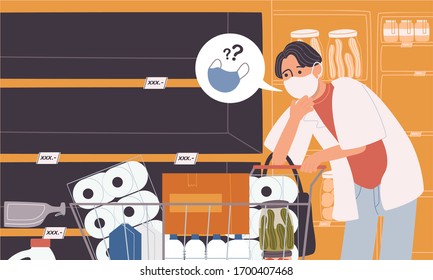 Flat style vector illustration of empty shelf in supermarket. Concept of panic shopping, Face mask, cleaning liquid And food sold out. Supplies store up. Corona virus affection.