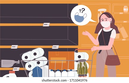 Flat style vector illustration of empty shelf in supermarket. Concept of panic shopping, Face mask, cleaning liquid And food sold out. Supplies store up. Corona virus affection.