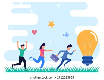 Flat style vector illustration, escape idea, unreachable thinking, looking for new solutions, business people catching up with light bulb vector.