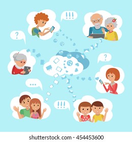 Flat style vector illustration family online social media communication cloud service concept. Content and humans connected via chat share like e-mail.