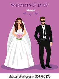 Flat style vector illustration. Fashion stylish married couple. Modern graphic wedding set.