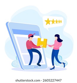 Flat style vector illustration of fast delivery man delivering ordered goods from customers. Shop for goods online.