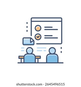 Flat style vector illustration featuring an online training session with two people. Simple shapes and colors emphasize clarity.