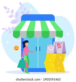 Flat style vector illustration, female character shopping a shop, discounts, purchasing of goods and gifts, investing in real estate.