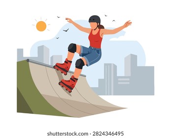 Flat style vector illustration of a female aggressive inline skater performing a trick in an urban skatepark. Perfect for extreme sports, recreation, youth culture, fitness and action designs