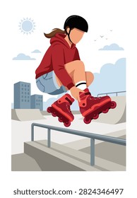 Flat style vector illustration of a female aggressive inline skater performing a trick in an urban skatepark. Perfect for extreme sports, recreation, youth culture, fitness and action designs