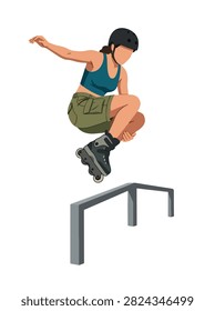 Flat style vector illustration of a female aggressive inline skater performing a trick in an urban skatepark. Perfect for extreme sports, recreation, youth culture, fitness and action designs