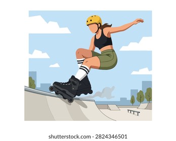 Flat style vector illustration of a female aggressive inline skater performing a trick in an urban skatepark. Perfect for extreme sports, recreation, youth culture, fitness and action designs