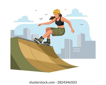 Flat style vector illustration of a female aggressive inline skater performing a trick in an urban skatepark. Perfect for extreme sports, recreation, youth culture, fitness and action designs
