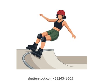 Flat style vector illustration of a female aggressive inline skater performing a trick in an urban skatepark. Perfect for extreme sports, recreation, youth culture, fitness and action designs