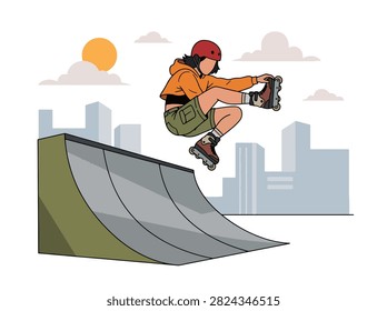 Flat style vector illustration of a female aggressive inline skater performing a trick in an urban skatepark. Perfect for extreme sports, recreation, youth culture, fitness and action designs