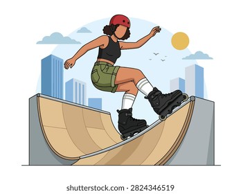 Flat style vector illustration of a female aggressive inline skater performing a trick in an urban skatepark. Perfect for extreme sports, recreation, youth culture, fitness and action designs