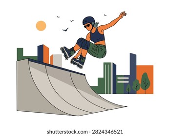 Flat style vector illustration of a female aggressive inline skater performing a trick in an urban skatepark. Perfect for extreme sports, recreation, youth culture, fitness and action designs
