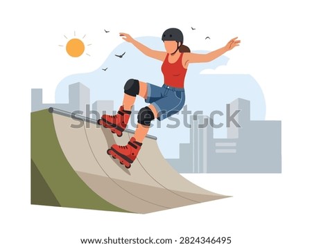 Flat style vector illustration of a female aggressive inline skater performing a trick in an urban skatepark. Perfect for extreme sports, recreation, youth culture, fitness and action designs