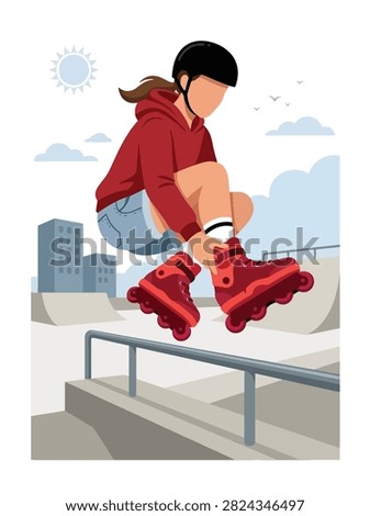 Flat style vector illustration of a female aggressive inline skater performing a trick in an urban skatepark. Perfect for extreme sports, recreation, youth culture, fitness and action designs