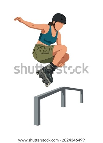 Flat style vector illustration of a female aggressive inline skater performing a trick in an urban skatepark. Perfect for extreme sports, recreation, youth culture, fitness and action designs