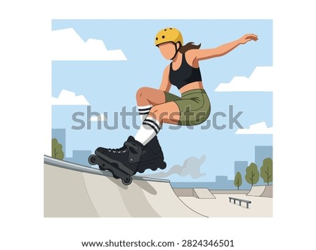 Flat style vector illustration of a female aggressive inline skater performing a trick in an urban skatepark. Perfect for extreme sports, recreation, youth culture, fitness and action designs