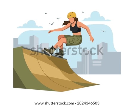 Flat style vector illustration of a female aggressive inline skater performing a trick in an urban skatepark. Perfect for extreme sports, recreation, youth culture, fitness and action designs